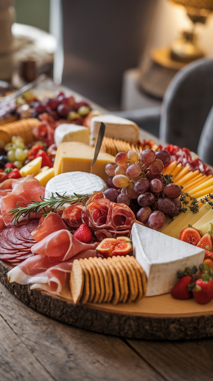 A beautifully arranged charcuterie board with meats, cheeses, fruits, and crackers on a rustic wooden table.